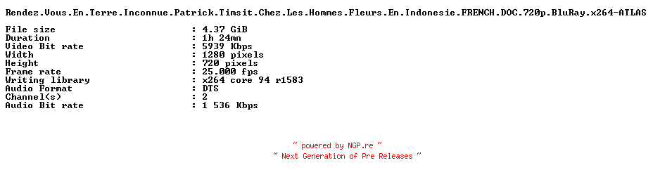 NFO for the release Rendez.Vous.En.Terre.Inconnue.Patrick.Timsit.Chez.Les.Hommes.Fleurs.En.Indonesie.FRENCH.DOC.720p.BluRay.x264-ATLAS by ATLAS