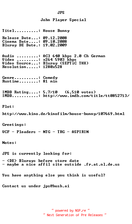NFO for the release House.Bunny.2008.German.AC3D.720p.BluRay.x264-JPS by JPS