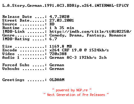 NFO for the release L.A.Story.German.1991.AC3.BDRip.x264.iNTERNAL-SPiCY by SPiCY