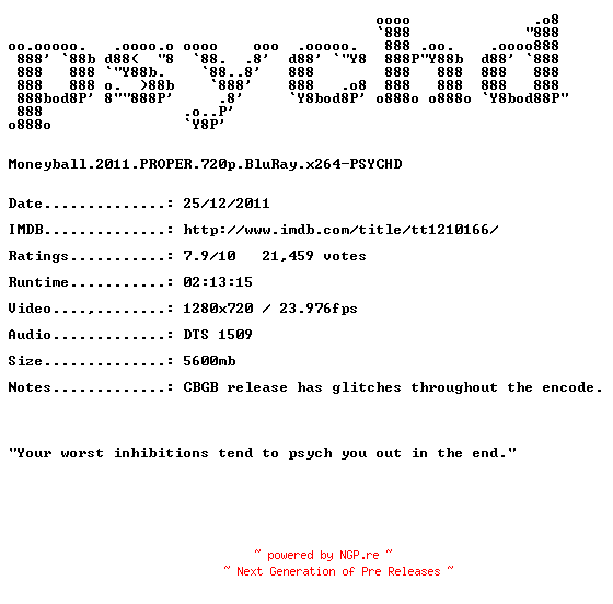 NFO for the release Moneyball.2011.PROPER.720p.BluRay.x264-PSYCHD by PSYCHD