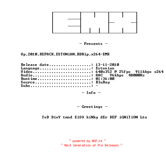 NFO for the release Up.2010.REPACK.ESTONiAN.BDRip.x264-EMX by EMX