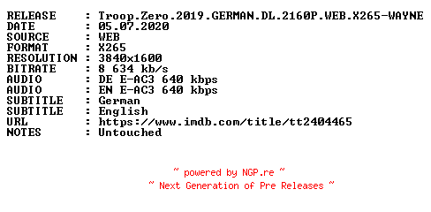 NFO for the release Troop.Zero.2019.GERMAN.DL.2160P.WEB.X265-WAYNE by WAYNE