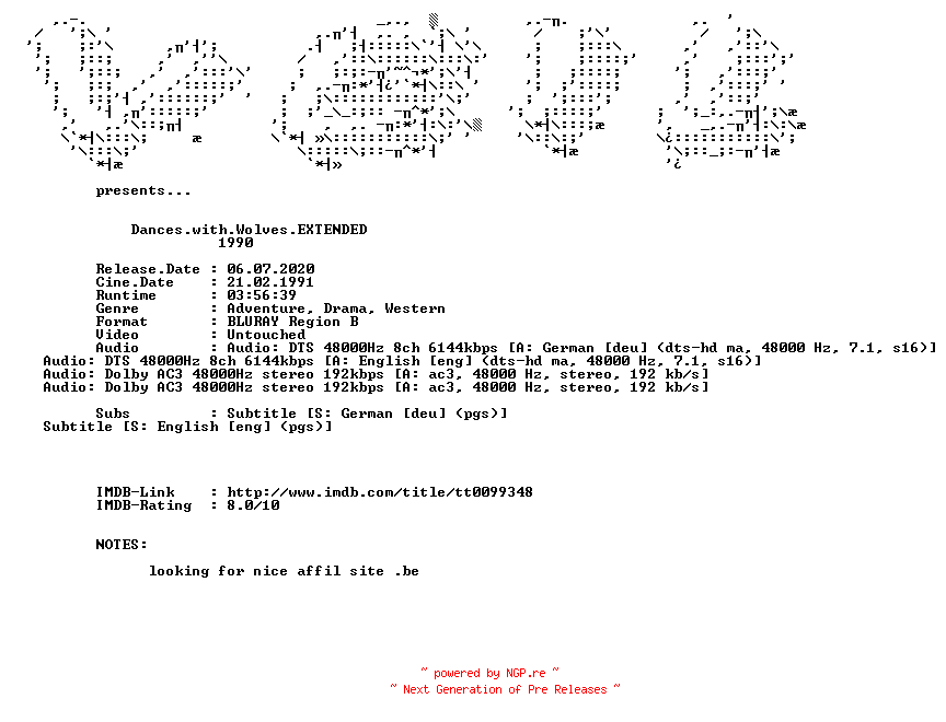 NFO for the release Dances.with.Wolves.EXTENDED.1990.DUAL.COMPLETE.BLURAY.iNTERNAL-VEiL by VEiL