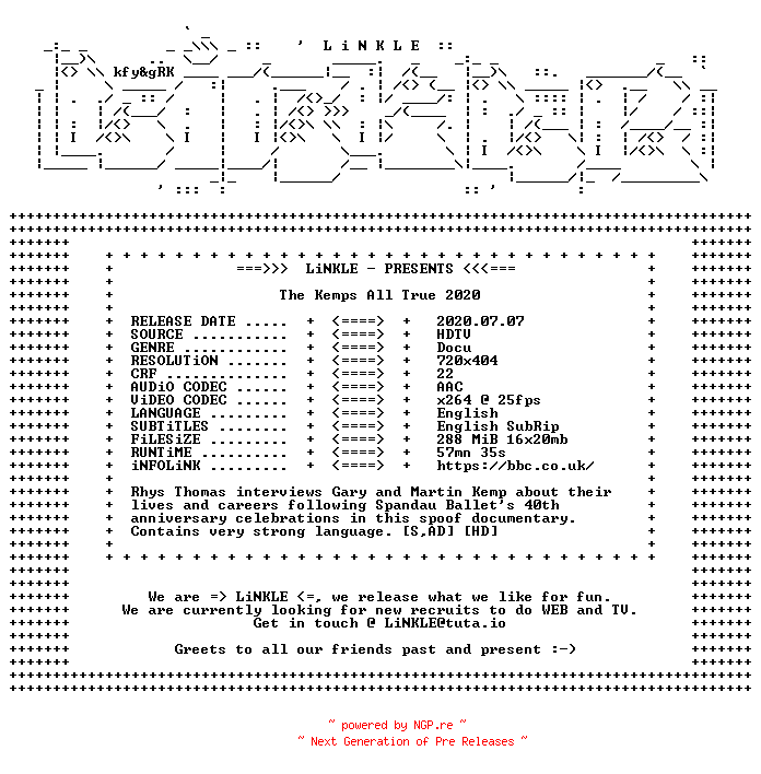 NFO for the release The.Kemps.All.True.2020.HDTV.x264-LiNKLE by LiNKLE