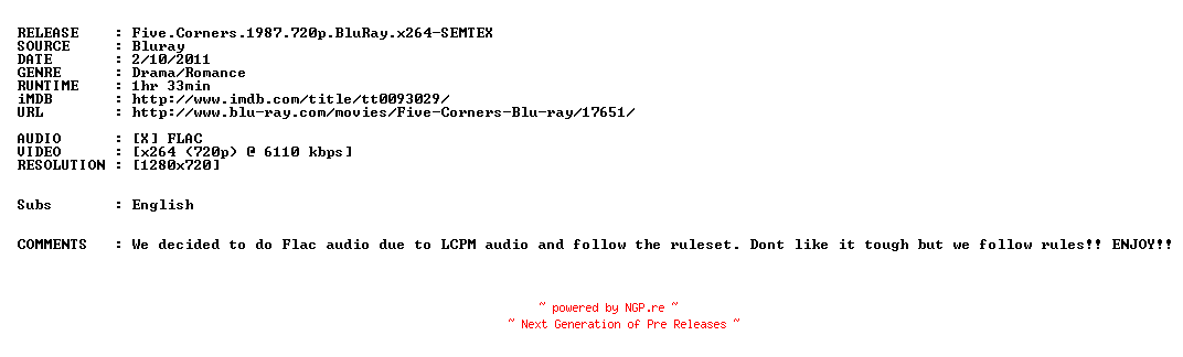 NFO for the release Five.Corners.1987.720p.BluRay.x264-SEMTEX by SEMTEX