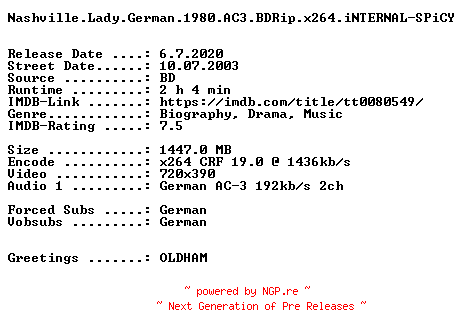 NFO for the release Nashville.Lady.German.1980.AC3.BDRip.x264.iNTERNAL-SPiCY by SPiCY