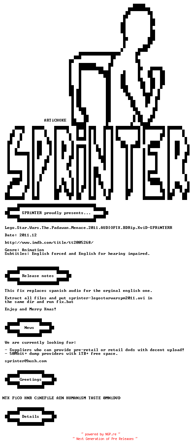 NFO for the release Lego.Star.Wars.The.Padawan.Menace.2011.AUDIOFIX.BDRip.XviD-SPRiNTER by SPRiNTER