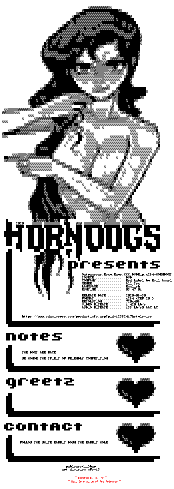 NFO for the release Outrageous.Roxy.Raye.XXX.DVDRip.x264-HORNDOGS by HORNDOGS