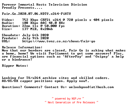 NFO for the release Fair.Go.2020.07.06.HDTV.x264-FiHTV by FiHTV