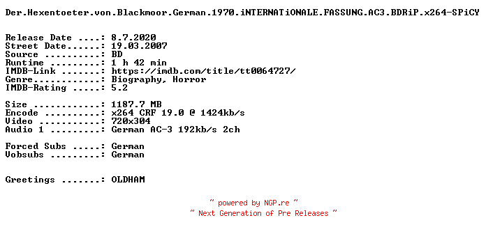 NFO for the release Der.Hexentoeter.von.Blackmoor.German.1970.iNTERNATiONALE.FASSUNG.AC3.BDRiP.x264-SPiCY by SPiCY
