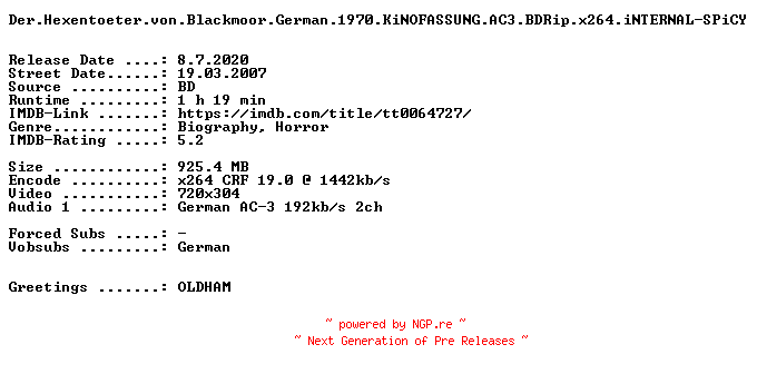 NFO for the release Der.Hexentoeter.von.Blackmoor.German.1970.KiNOFASSUNG.AC3.BDRip.x264.iNTERNAL-SPiCY by SPiCY