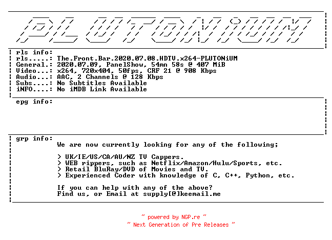 NFO for the release The.Front.Bar.2020.07.08.HDTV.x264-PLUTONiUM by PLUTONiUM