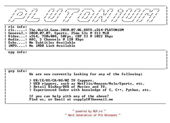 NFO for the release The.World.Game.2020.07.06.HDTV.x264-PLUTONiUM by PLUTONiUM