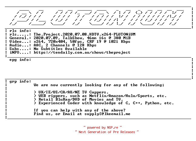 NFO for the release The.Project.2020.07.08.HDTV.x264-PLUTONiUM by PLUTONiUM