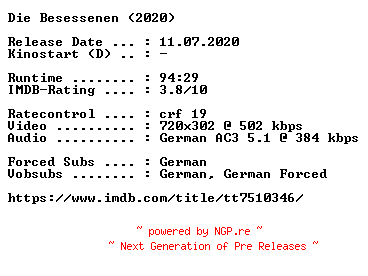 NFO for the release Die.Besessenen.German.2020.AC3.BDRip.x264-COiNCiDENCE by COiNCiDENCE