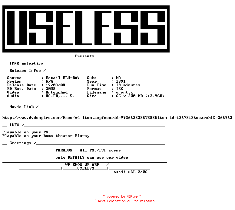 NFO for the release IMAX.ANTARCTICA.MULTi.BLURAY-USELESS by USELESS