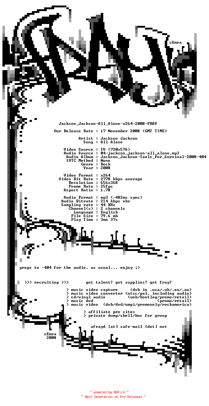 NFO for the release Jackson_Jackson-All_Alone-x264-2008-FRAY by FRAY