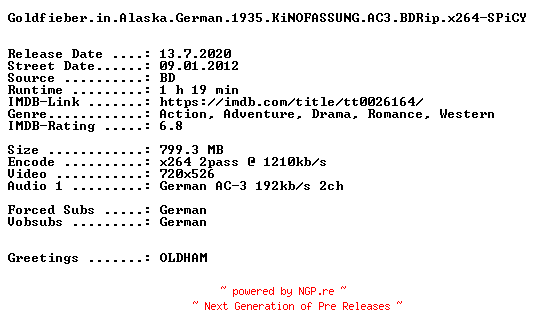 NFO for the release Goldfieber.in.Alaska.German.1935.KiNOFASSUNG.AC3.BDRip.x264-SPiCY by SPiCY