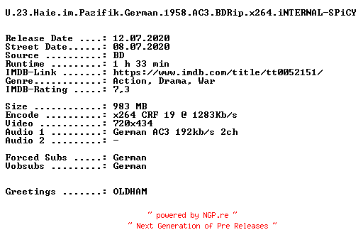 NFO for the release U.23.Haie.im.Pazifik.German.1958.AC3.BDRip.x264.iNTERNAL-SPiCY by SPiCY