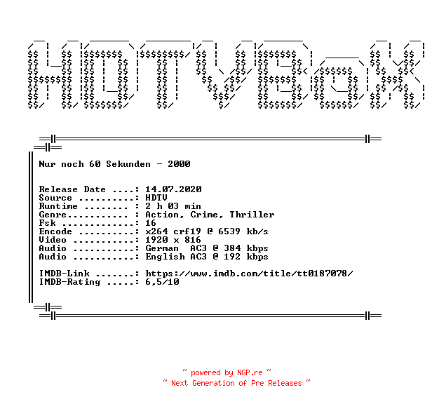 NFO for the release Nur.noch.60.Sekunden.2000.German.DL.1080p.HDTV.x264.iNTERNAL-HDTVBoX by HDTVBoX