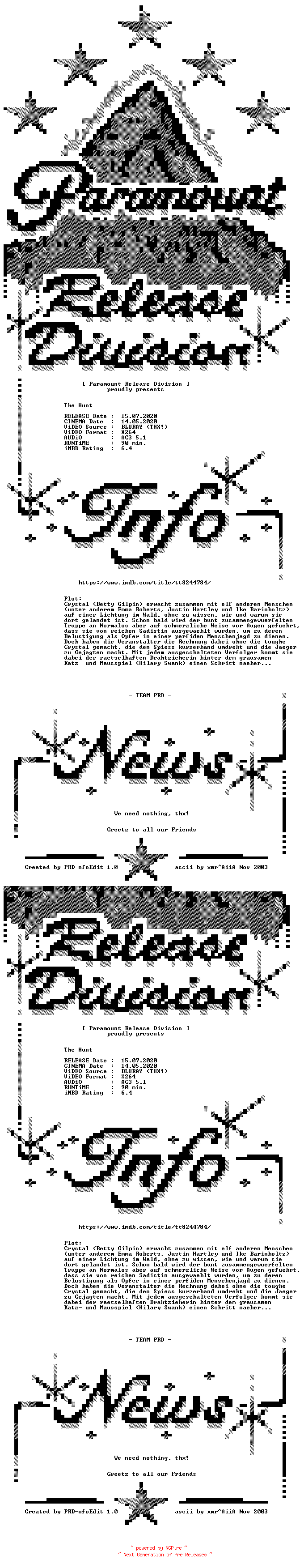 NFO for the release The.Hunt.2020.German.AC3.Dubbed.BDRip.x264-PRD by PRD