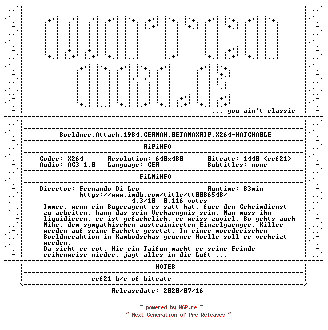 NFO for the release Soeldner.Attack.1984.GERMAN.BETAMAXRIP.X264-WATCHABLE by WATCHABLE