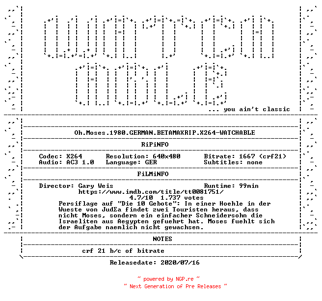 NFO for the release Oh.Moses.1980.GERMAN.BETAMAXRIP.X264-WATCHABLE by WATCHABLE