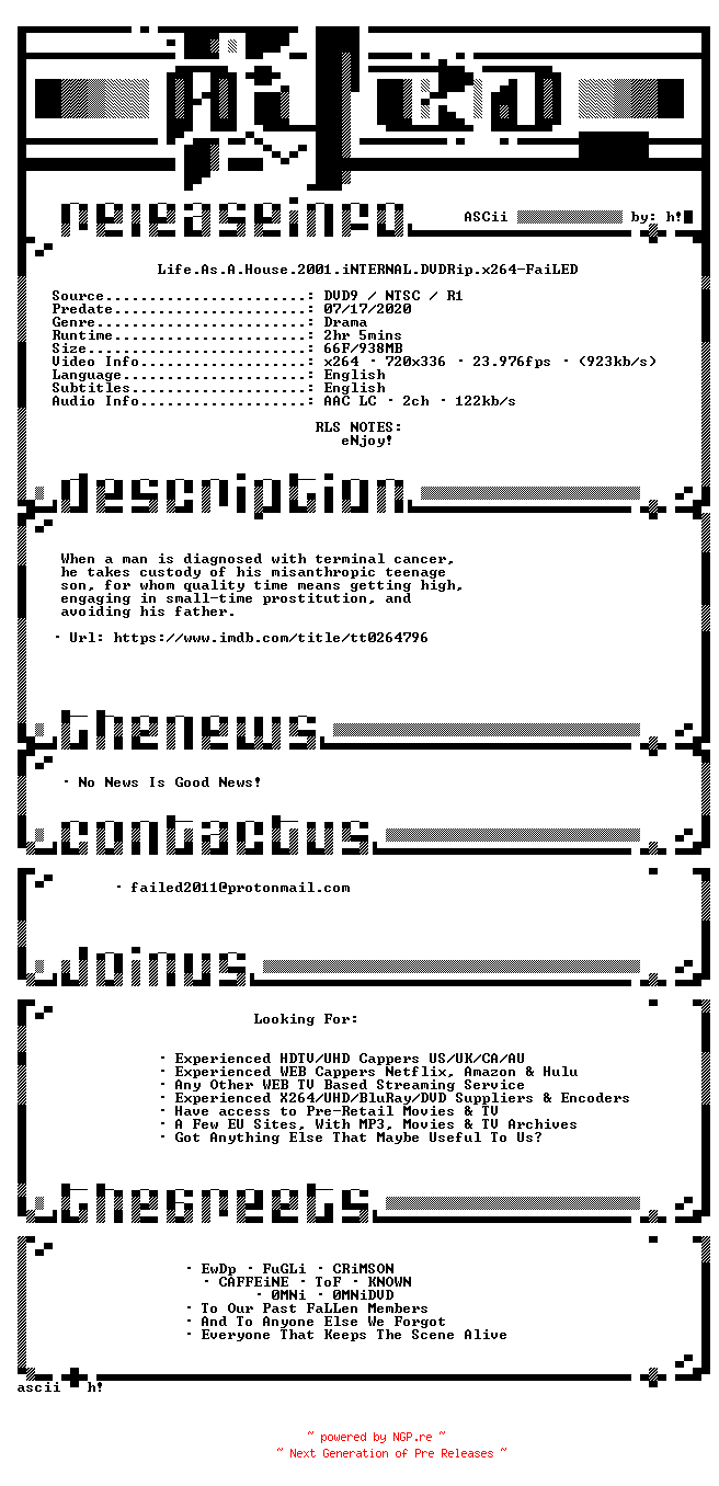NFO for the release Life.As.A.House.2001.iNTERNAL.DVDRip.x264-FaiLED by FaiLED