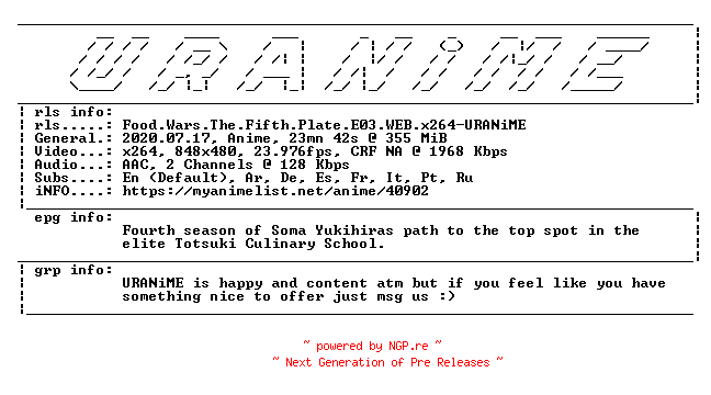 NFO for the release Food.Wars.The.Fifth.Plate.E03.WEB.x264-URANiME by URANiME