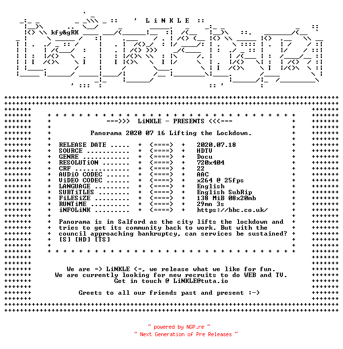 NFO for the release Panorama.2020.07.16.Lifting.the.Lockdown.HDTV.x264-LiNKLE by LiNKLE