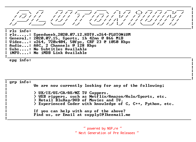 NFO for the release Speedweek.2020.07.12.HDTV.x264-PLUTONiUM by PLUTONiUM