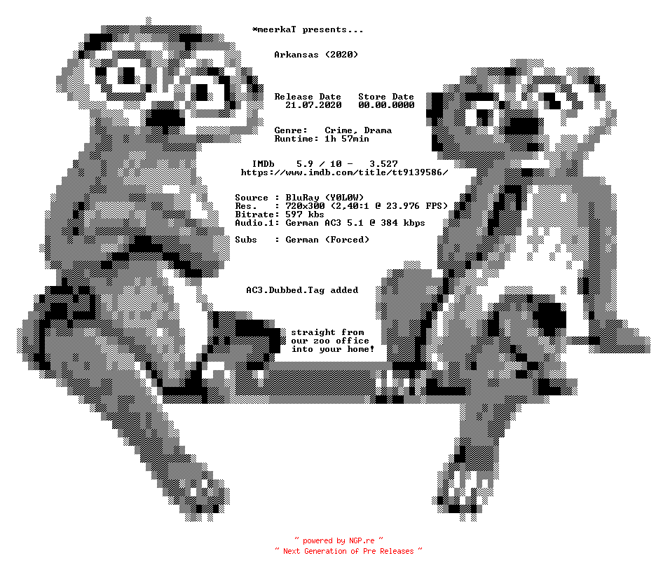 NFO for the release Arkansas.2020.German.AC3.Dubbed.BDRip.x264.DiRFiX-meerkaT by meerkaT
