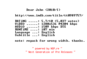 NFO for the release Dear.John.2010.720p.BluRay.x264.REPACK-METiS by METiS
