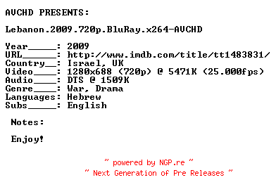 NFO for the release Lebanon.2009.720p.BluRay.x264-AVCHD by AVCHD