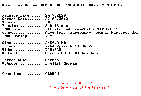 NFO for the release Spartacus.German.REMASTERED.1960.AC3.BDRip.x264-SPiCY by SPiCY