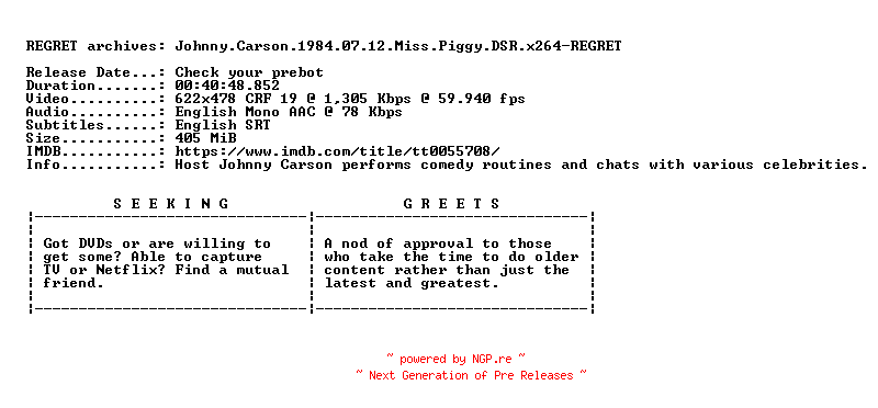 NFO for the release Johnny.Carson.1984.07.12.Miss.Piggy.DSR.x264-REGRET by REGRET