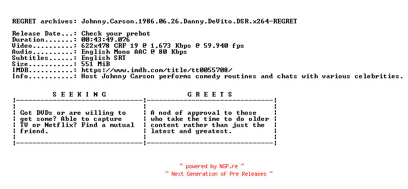 NFO for the release Johnny.Carson.1986.06.26.Danny.DeVito.DSR.x264-REGRET by REGRET