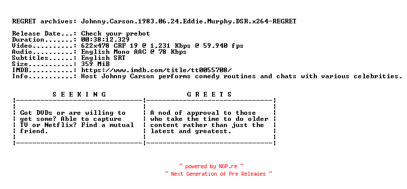 NFO for the release Johnny.Carson.1983.06.24.Eddie.Murphy.DSR.x264-REGRET by REGRET