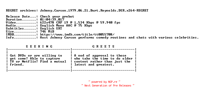 NFO for the release Johnny.Carson.1979.06.21.Burt.Reynolds.DSR.x264-REGRET by REGRET