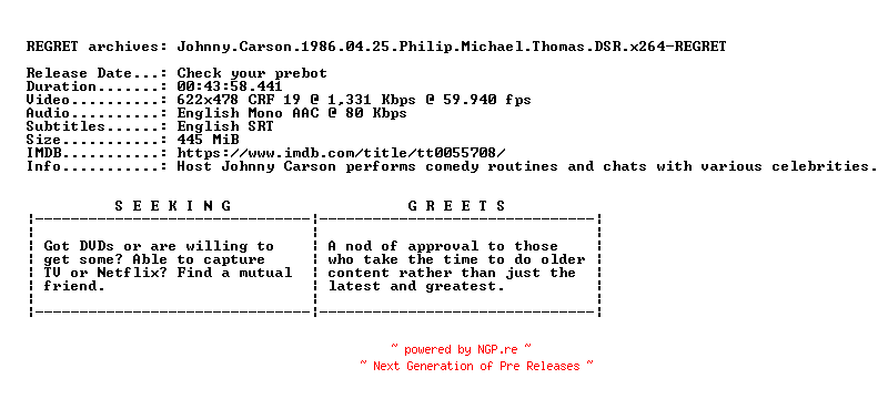 NFO for the release Johnny.Carson.1986.04.25.Philip.Michael.Thomas.DSR.x264-REGRET by REGRET