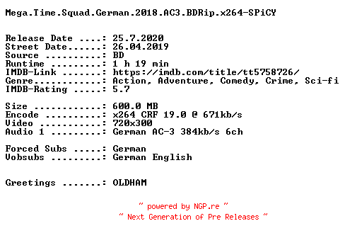 NFO for the release Mega.Time.Squad.German.2018.AC3.BDRip.x264-SPiCY by SPiCY