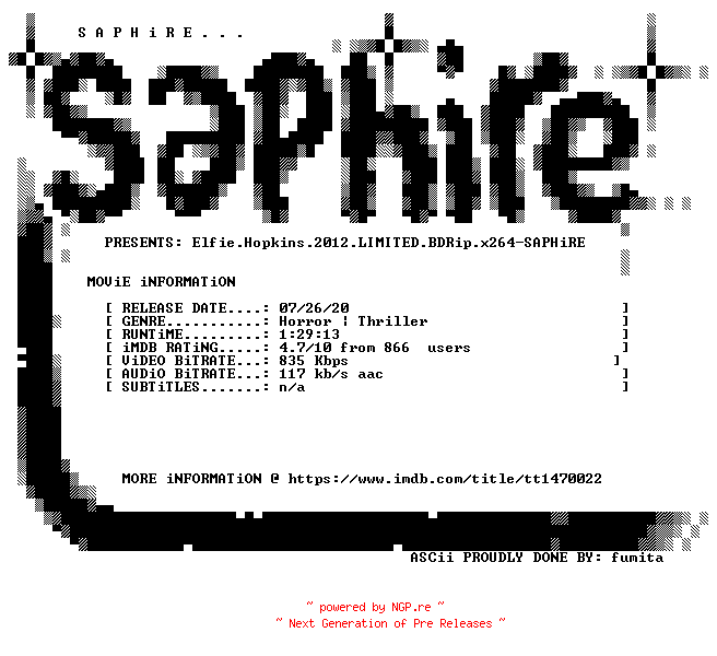 NFO for the release Elfie.Hopkins.2012.LIMITED.BDRip.x264-SAPHiRE by SAPHiRE