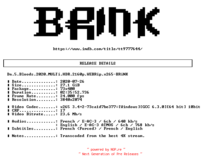 NFO for the release Da.5.Bloods.2020.MULTi.HDR.2160p.WEBRip.x265-BRiNK by BRiNK