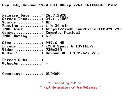 NFO for the release Cry.Baby.German.1990.AC3.BDRip.x264.iNTERNAL-SPiCY by SPiCY