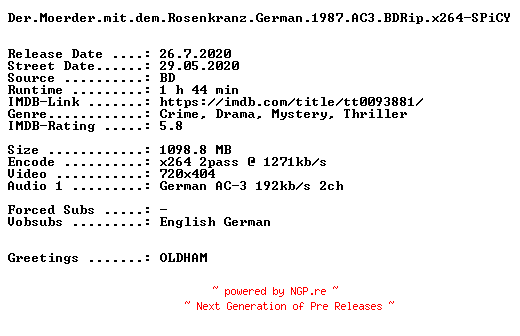 NFO for the release Der.Moerder.mit.dem.Rosenkranz.German.1987.AC3.BDRip.x264-SPiCY by SPiCY