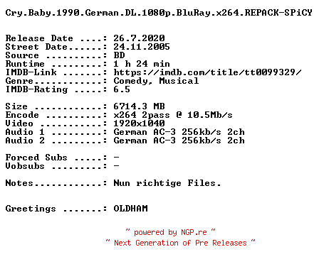 NFO for the release Cry.Baby.1990.German.DL.1080p.BluRay.x264.REPACK-SPiCY by SPiCY