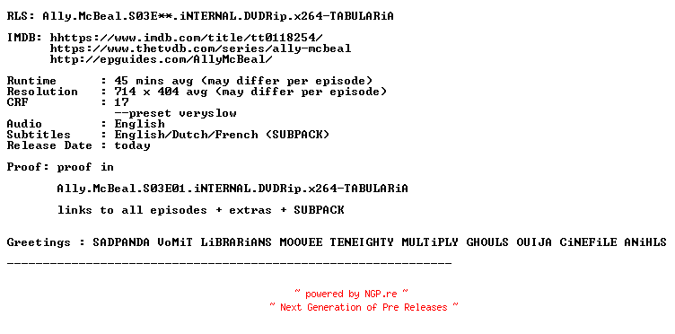 NFO for the release Ally.McBeal.S03.EXTRAS.iNTERNAL.DVDRip.x264-TABULARiA by TABULARiA
