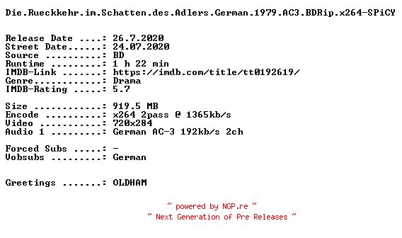NFO for the release Die.Rueckkehr.im.Schatten.des.Adlers.German.1979.AC3.BDRip.x264-SPiCY by SPiCY
