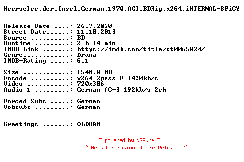 NFO for the release Herrscher.der.Insel.German.1970.AC3.BDRip.x264.iNTERNAL-SPiCY by SPiCY
