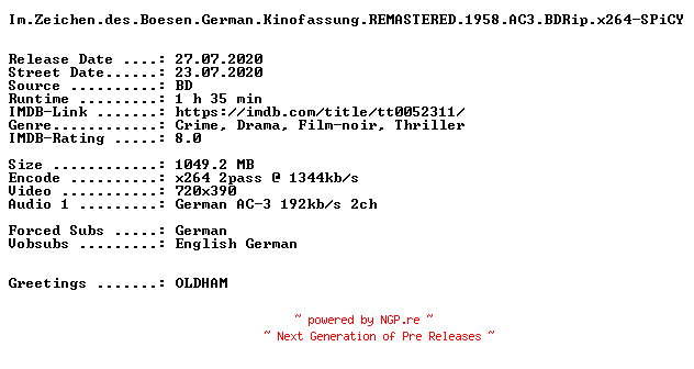 NFO for the release Im.Zeichen.des.Boesen.German.Kinofassung.REMASTERED.1958.AC3.BDRip.x264-SPiCY by SPiCY